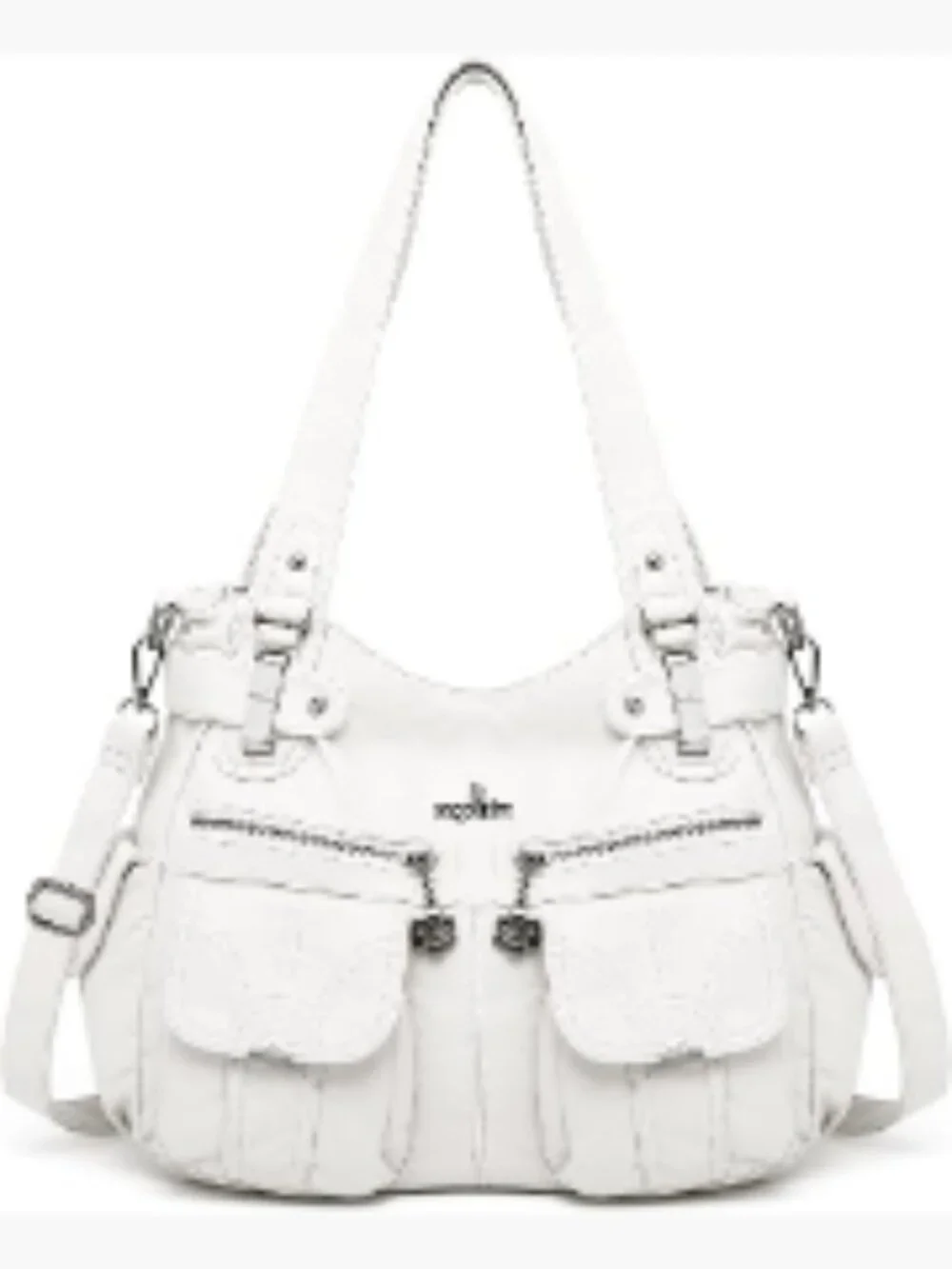 Large Double Zipper Multi Pocket Washed PU Leather Shoulder Bag Handbag